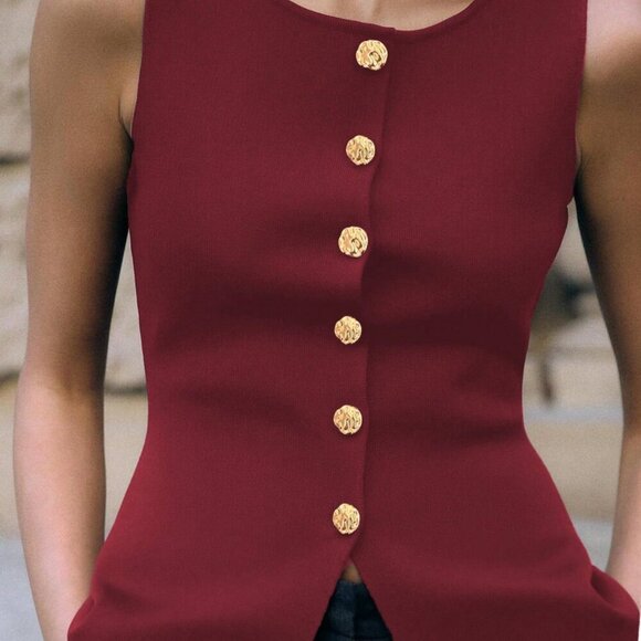 Burgundy Casual Women's Metal Button Open Front Sleeveless Jacket - Picture 4 of 8